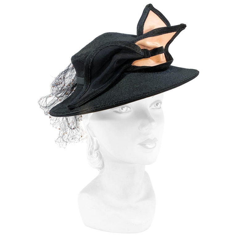 1930s Black Raffia Perch Hat with Art Deco Bow For Sale