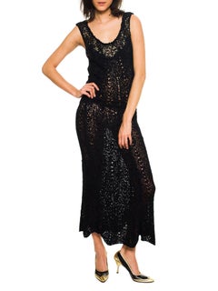 1930S Black Silk Hand Knit Dress With Hand-Painted Flowers