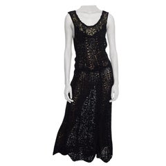 1930S Black Silk Hand Knit Dress With Hand-Painted Flowers
