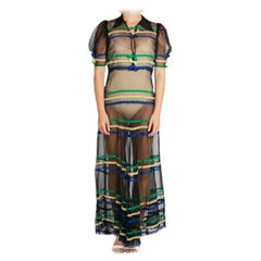 1930S Black Rayon Sheer Dress With Multicolored Ribbon Details