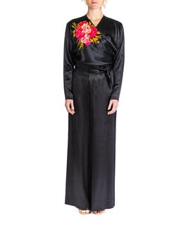 1930S Black Rayon & Silk Crepe Back Satin Lounge Pajamas