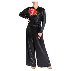 1930S Black Rayon & Silk Crepe Back Satin Lounge Pajamas
