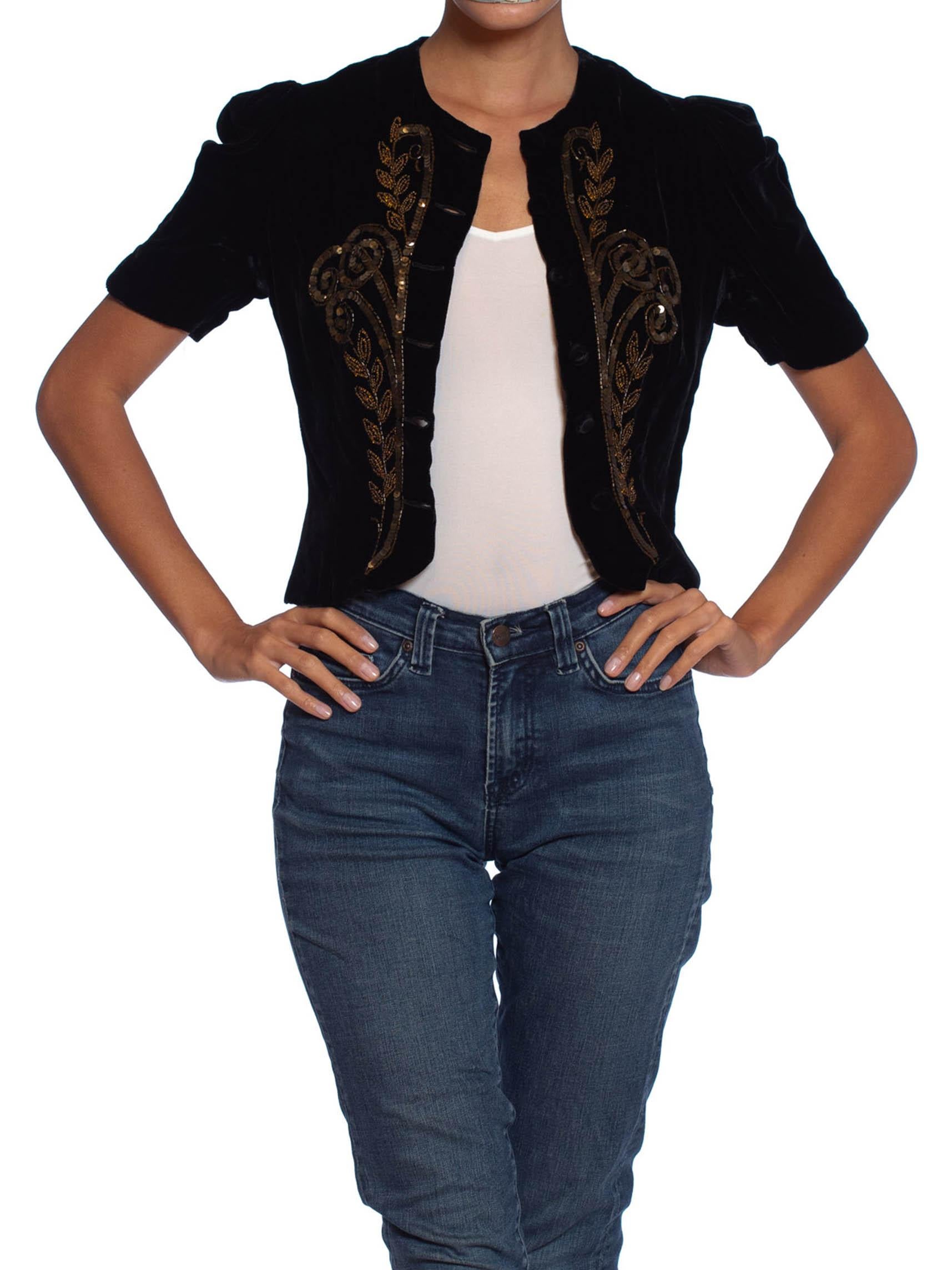 1930S Black Rayon & Silk Velvet Top With Copper Beading In Excellent Condition In New York, NY