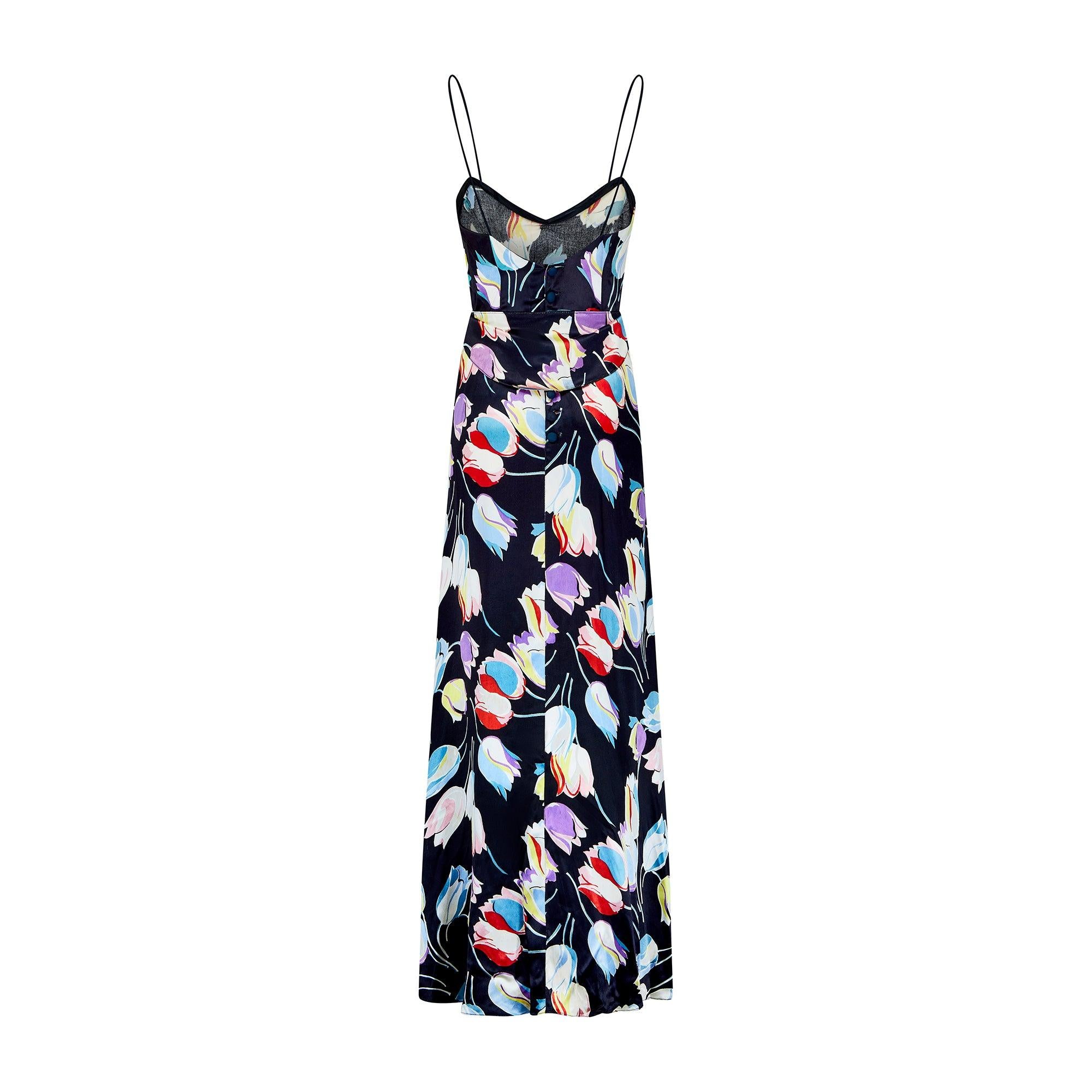 1930s Black Satin Tulip Print Dress In Good Condition For Sale In London, GB
