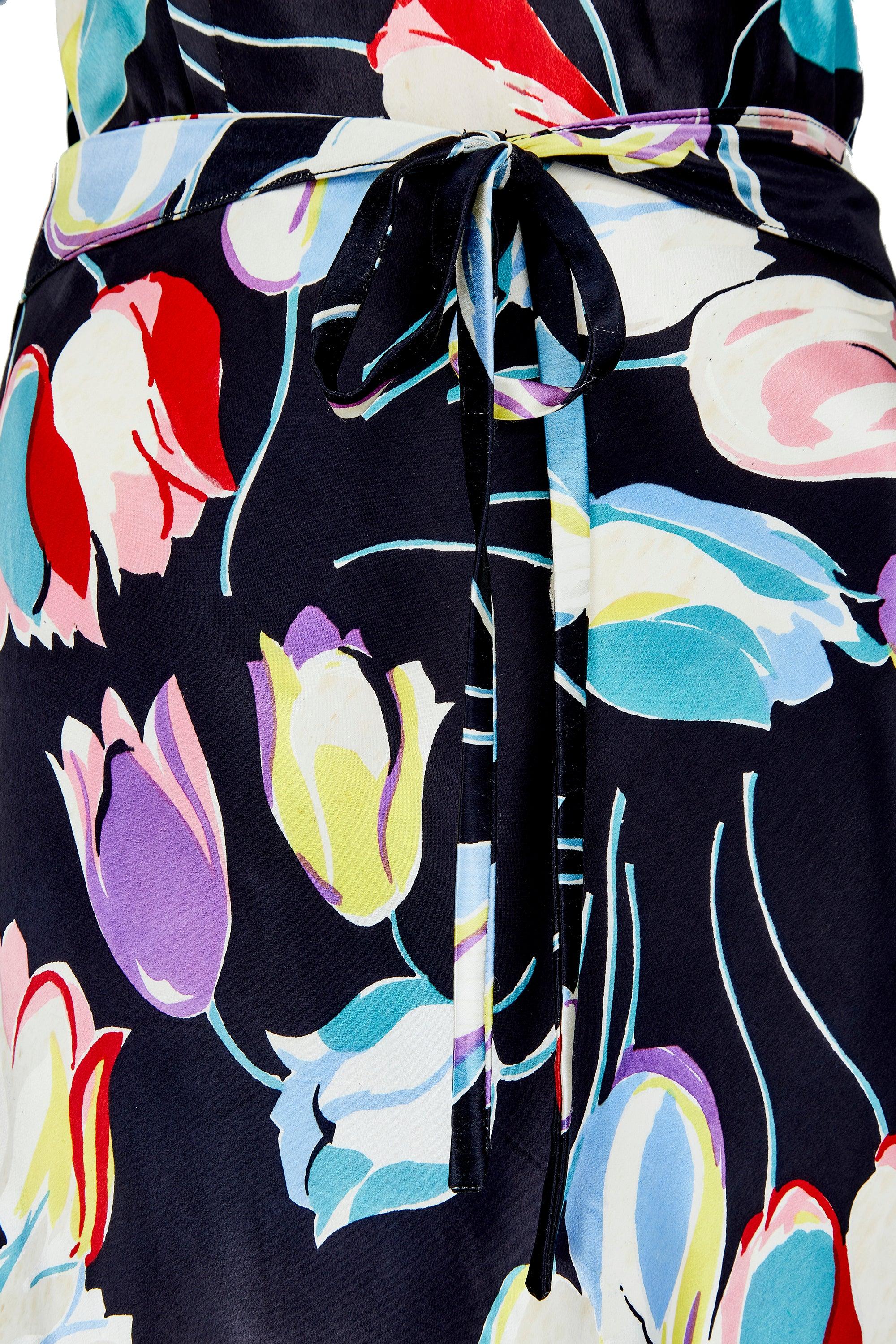 Women's 1930s Black Satin Tulip Print Dress For Sale