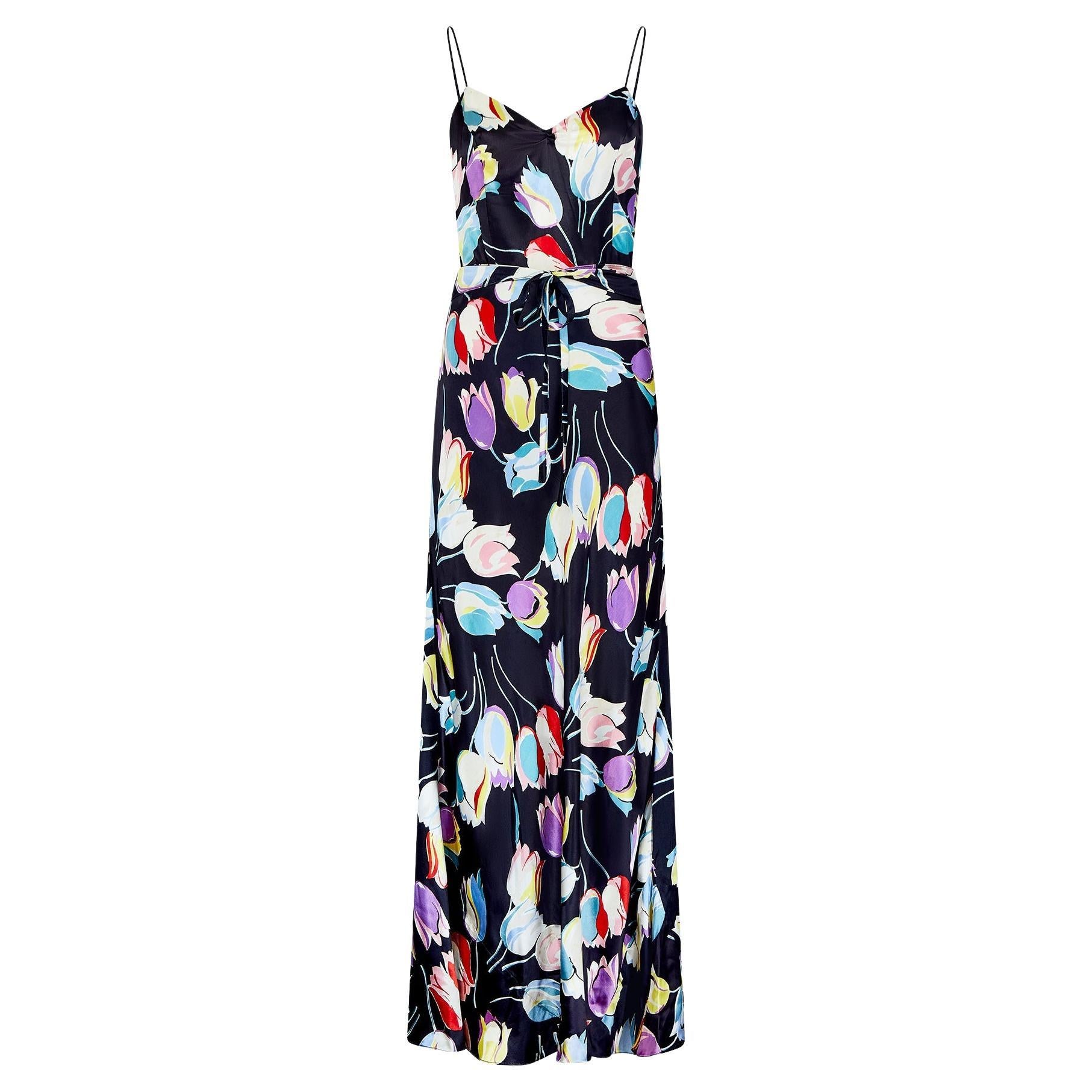 1930s Black Satin Tulip Print Dress For Sale