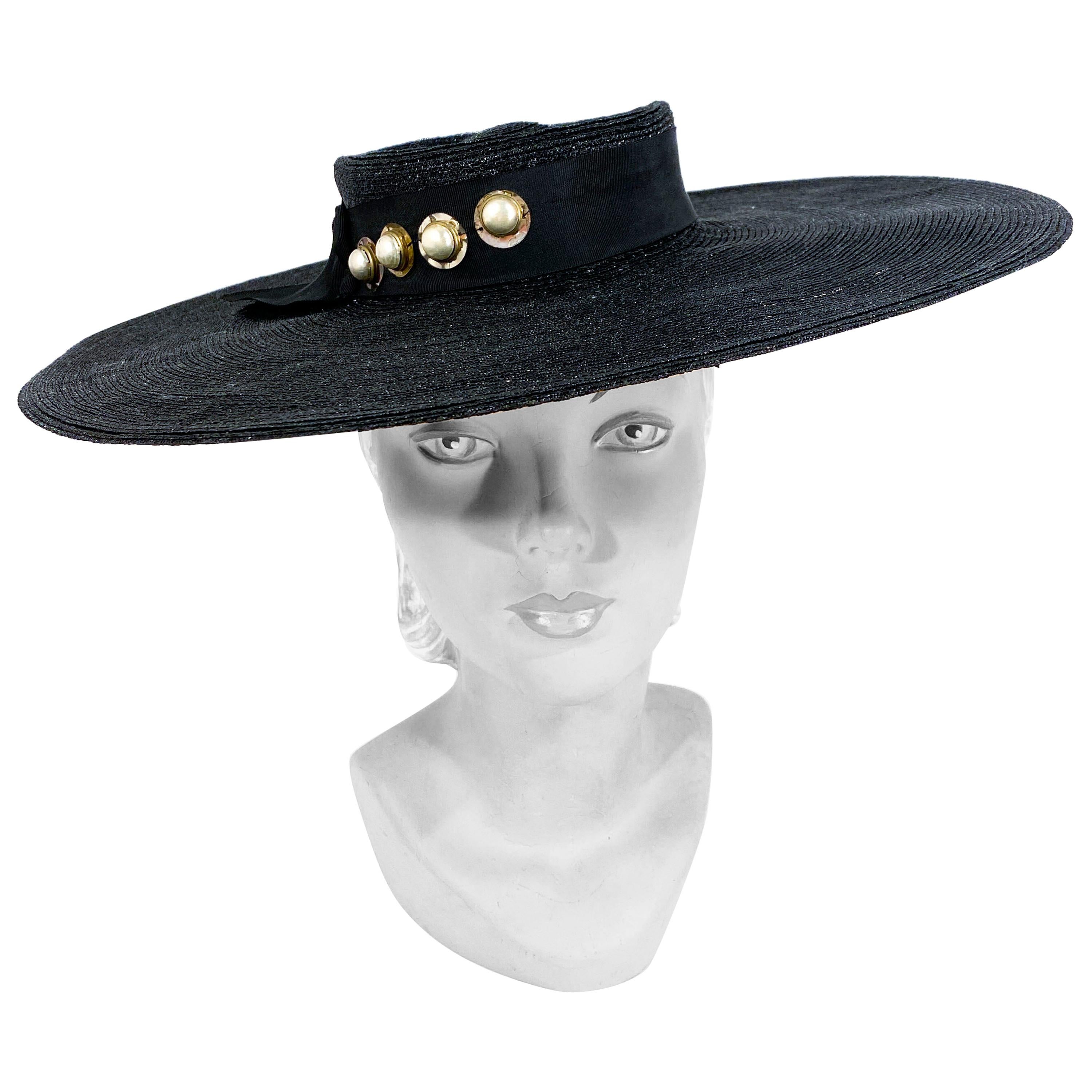 1930s Black Saucer Hat with Decorated Hat Band For Sale