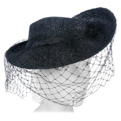 Vintage 1930s Black Sculpted Straw Hat with Full Veil