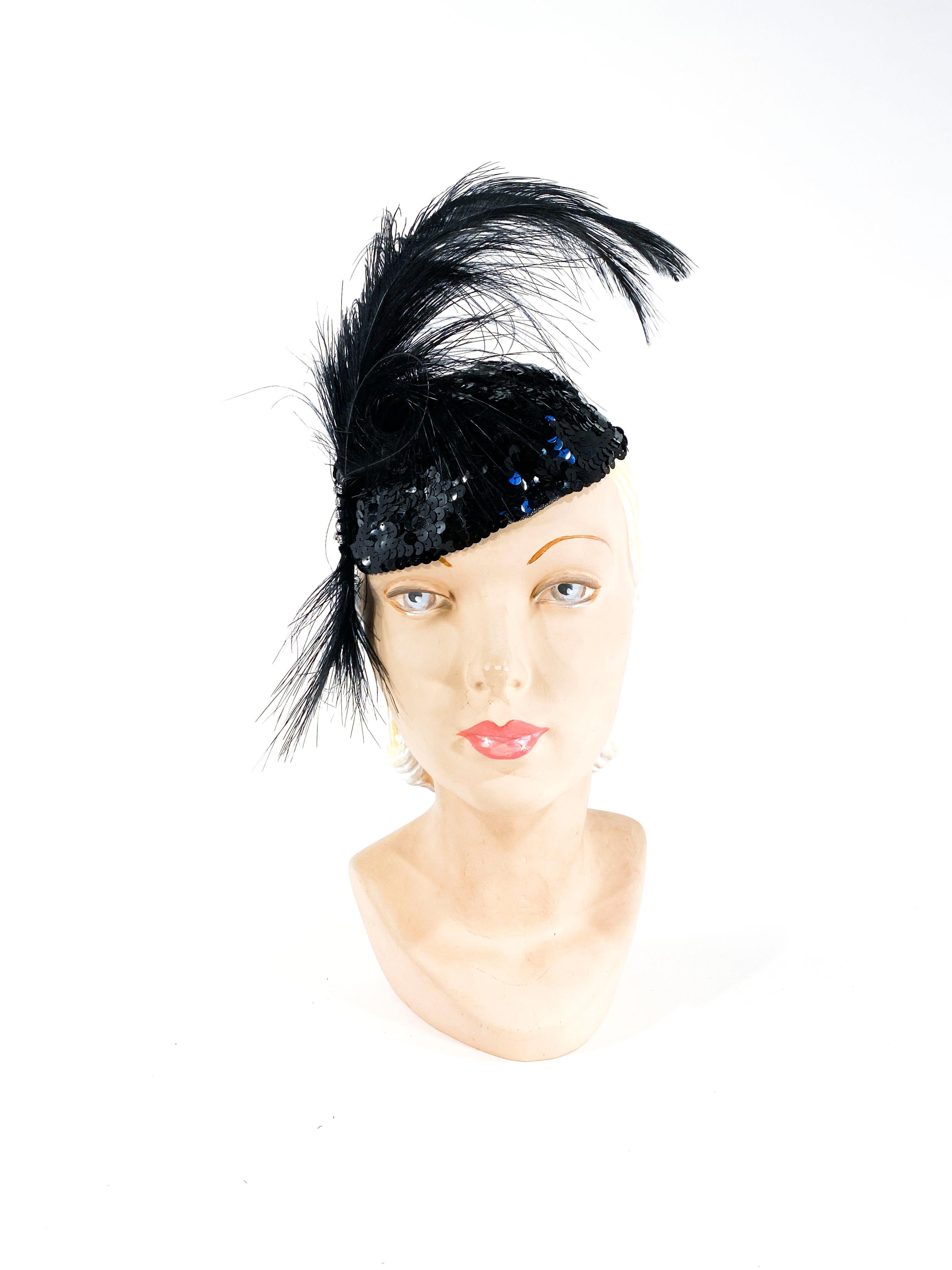 1930s Black knit sequin evening cap decorated with hand-curled feathers with rhinestone finish.