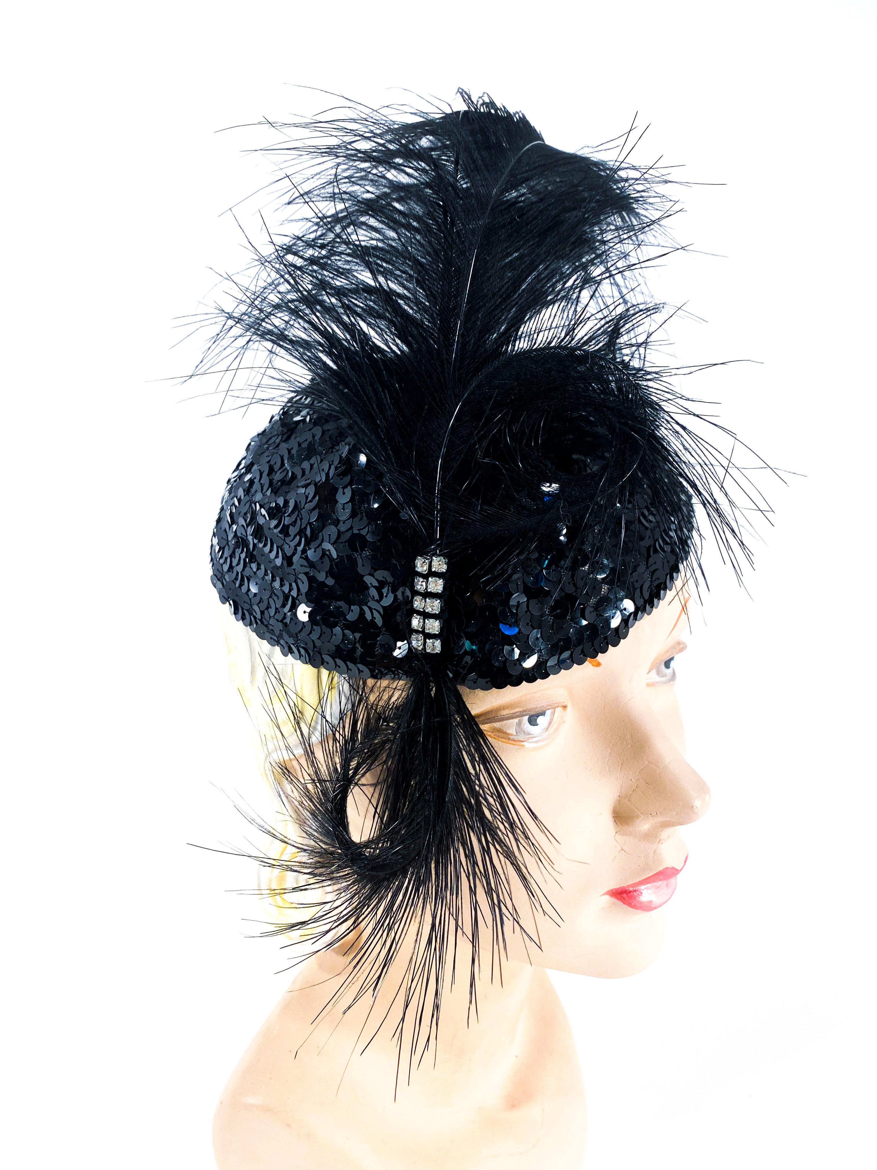 1930s Black Sequin Evening Cap with Feather and Rhinestone Accents In Good Condition In San Francisco, CA