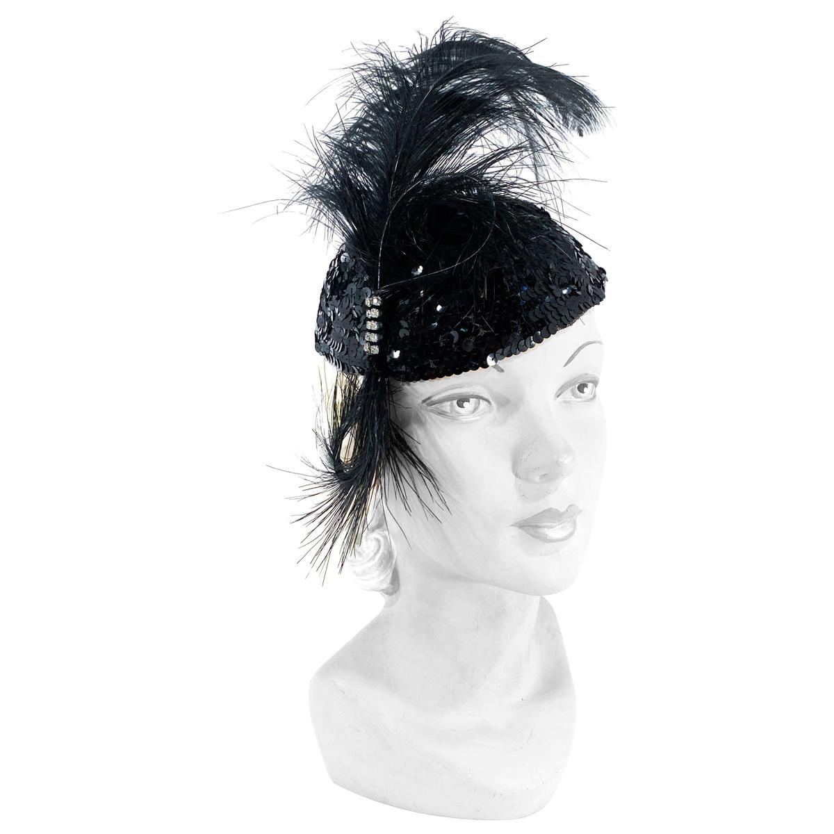1930s Black Sequin Evening Cap with Feather and Rhinestone Accents