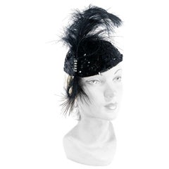 Vintage 1930s Black Sequin Evening Cap with Feather and Rhinestone Accents