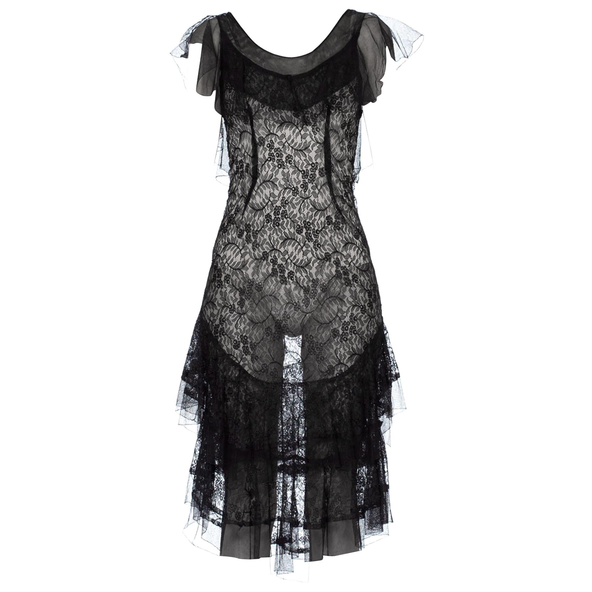 1930S Black Sheer Silk Chantilly Lace Cocktail Dress With Tulle Ruffles & A Lit For Sale