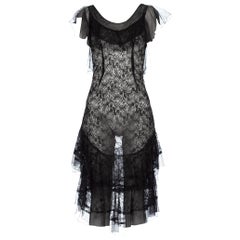 1930S Black Sheer Silk Chantilly Lace Cocktail Dress With Tulle Ruffles & A Lit