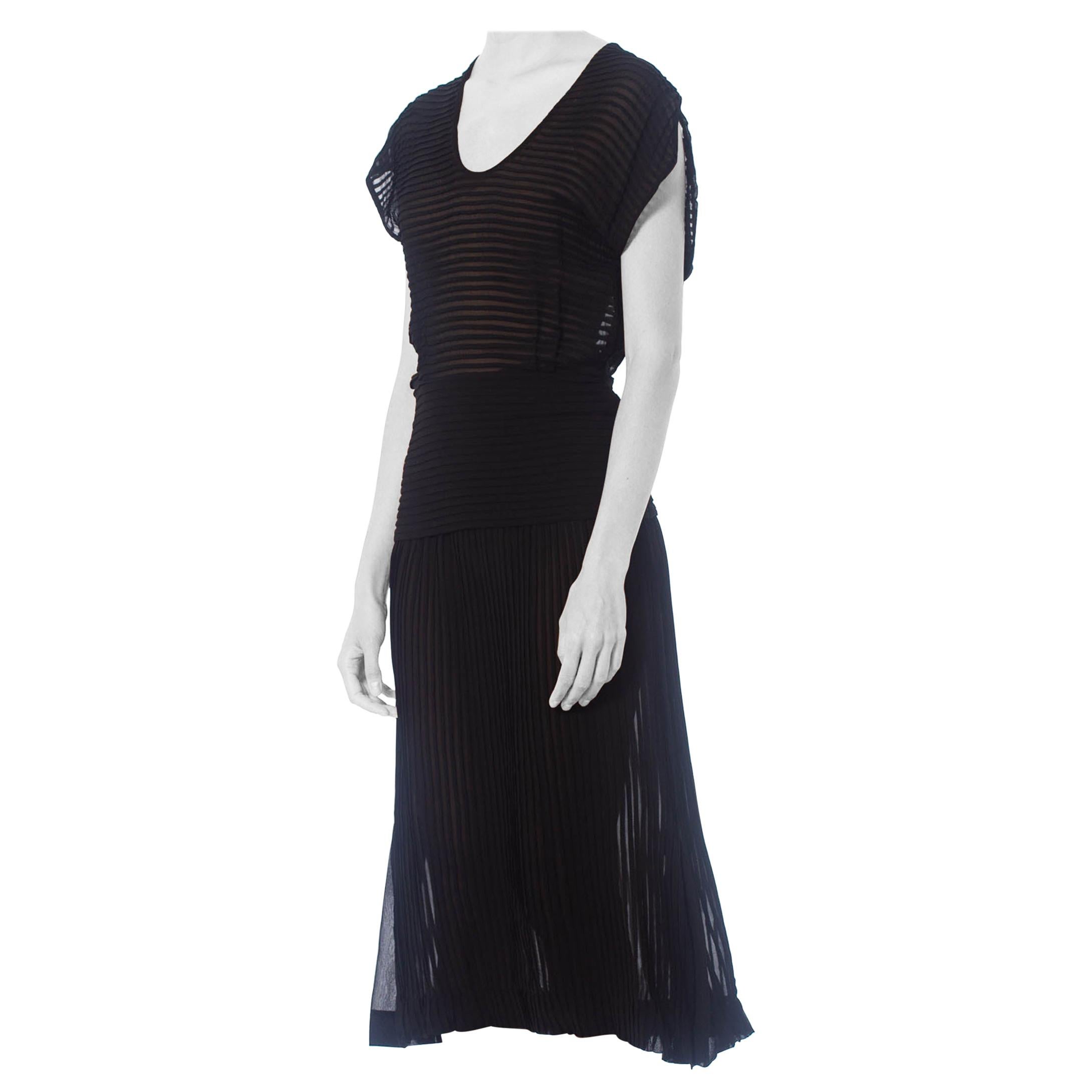 1930S Black Sheer Silk Chiffon Pleated  Dress