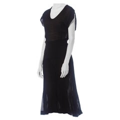 1930S Black Sheer Silk Chiffon Pleated  Dress
