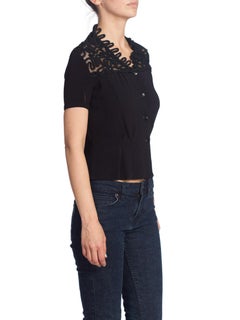 1940S Black Rayon Short Sleeve Top With Lace & Passementrie Collar