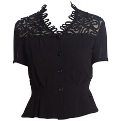 1940S Black Rayon Short Sleeve Top With Lace & Passementrie Collar