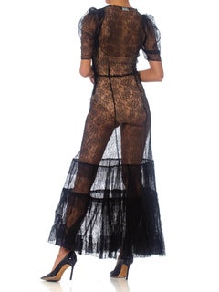 1930S Black Silk Chantilly Lace Gown With Tiered Ruffle Hem & Puff Sleeves