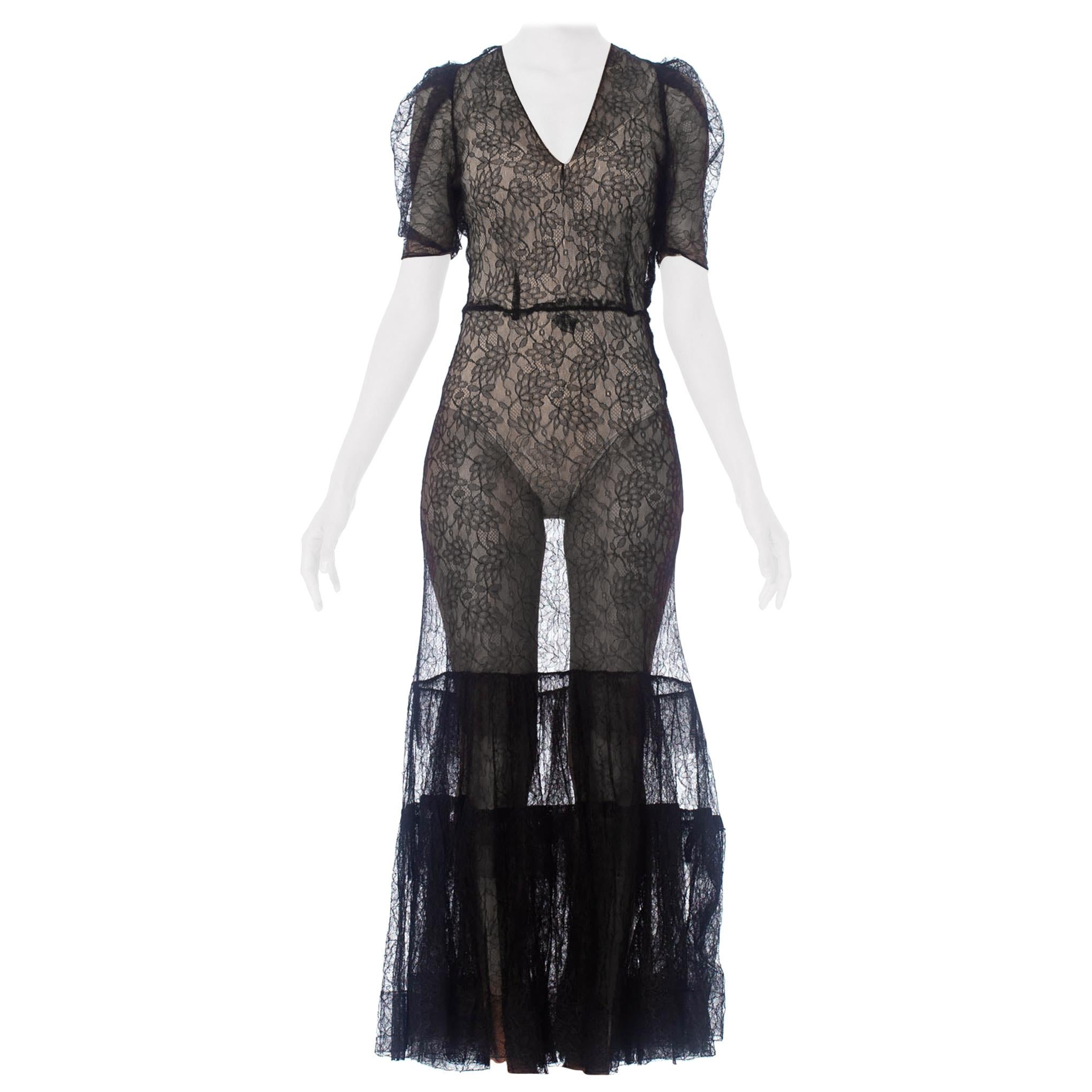 1930S Black Silk Chantilly Lace Gown With Tiered Ruffle Hem & Puff Sleeves For Sale