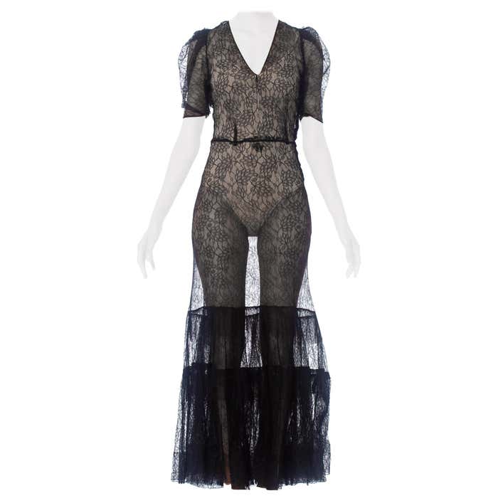 1930S Black Silk Chantilly Lace Gown With Tiered Ruffle Hem and Puff ...