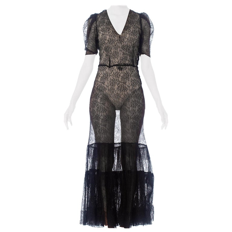 1930S Black Silk Chantilly Lace Gown With Tiered Ruffle Hem and Puff Sleeves For Sale at 1stDibs | chantil lace ruffle gown 1930S Black Silk Chantilly Lace Gown With Tiered Ruffle Hem and Puff Sleeves For Sale at 1stDibs | chantil lace ruffle gown