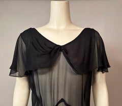 1930's Black Silk Chiffon Bias Cut Gown with Low Cut Back and Flounced Train
