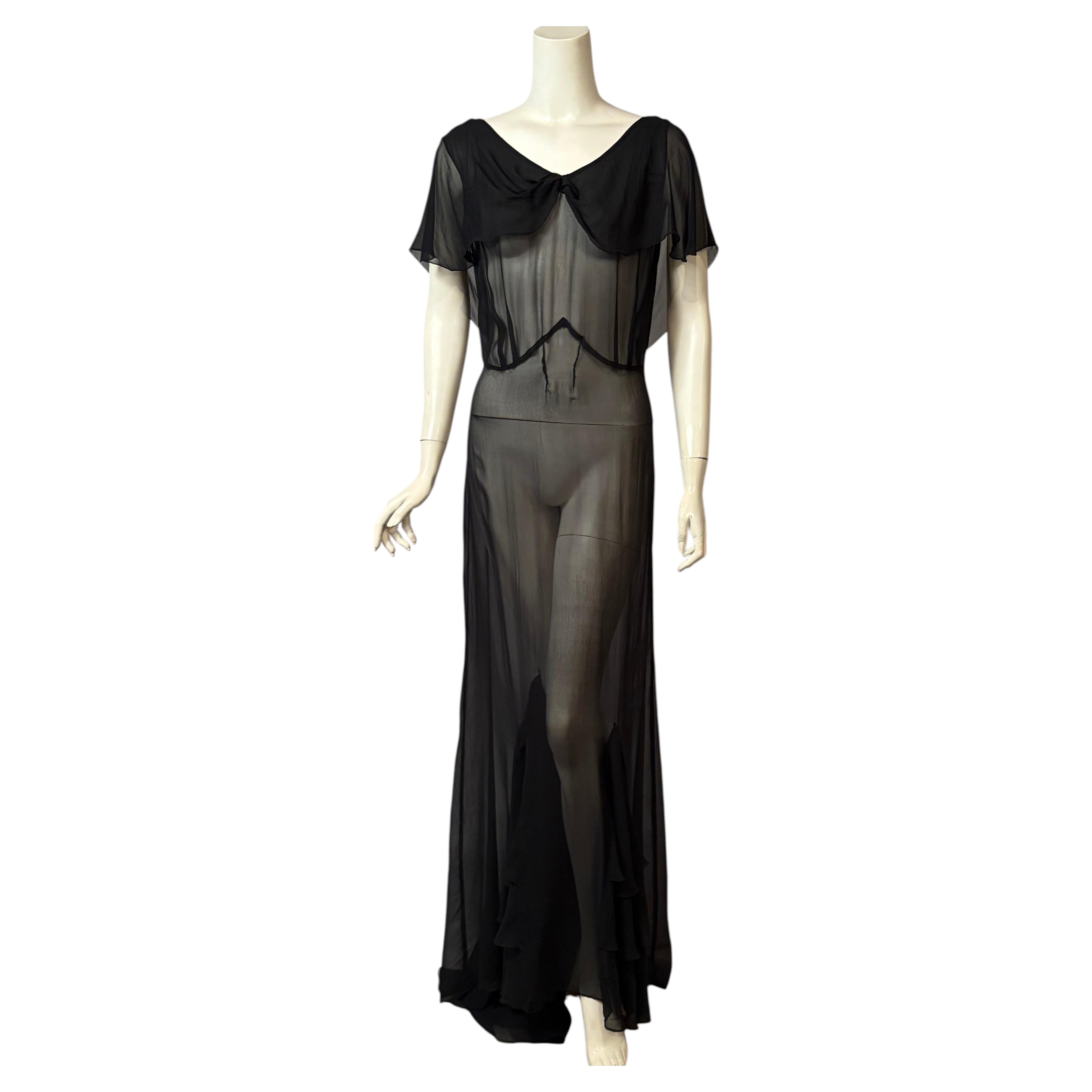 1930's Black Silk Chiffon Bias Cut Gown with Low Cut Back and Flounced Train