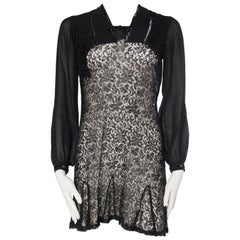 1930S Black Silk Chiffon & Lace Mini Dress