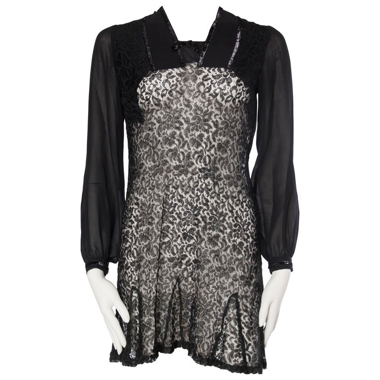 1930S Black Silk Chiffon and Lace Mini Dress at 1stDibs