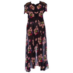 1930S Black Silk Chiffon Pink Floral Dress With Lace Shoulders & Short Sleeves L