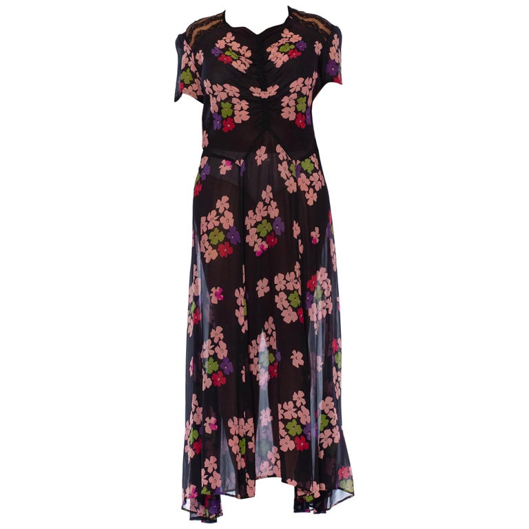 1930S Black Silk Chiffon Pink Floral Dress With Lace Shoulders and ...