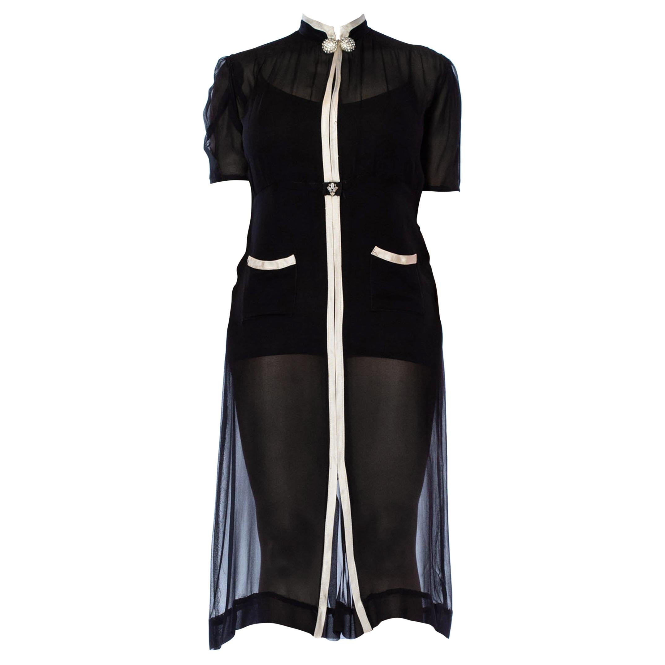 1930S  Black Silk Chiffon Sheer Chanel Style Art Deco Dress With White Rayon Tr For Sale