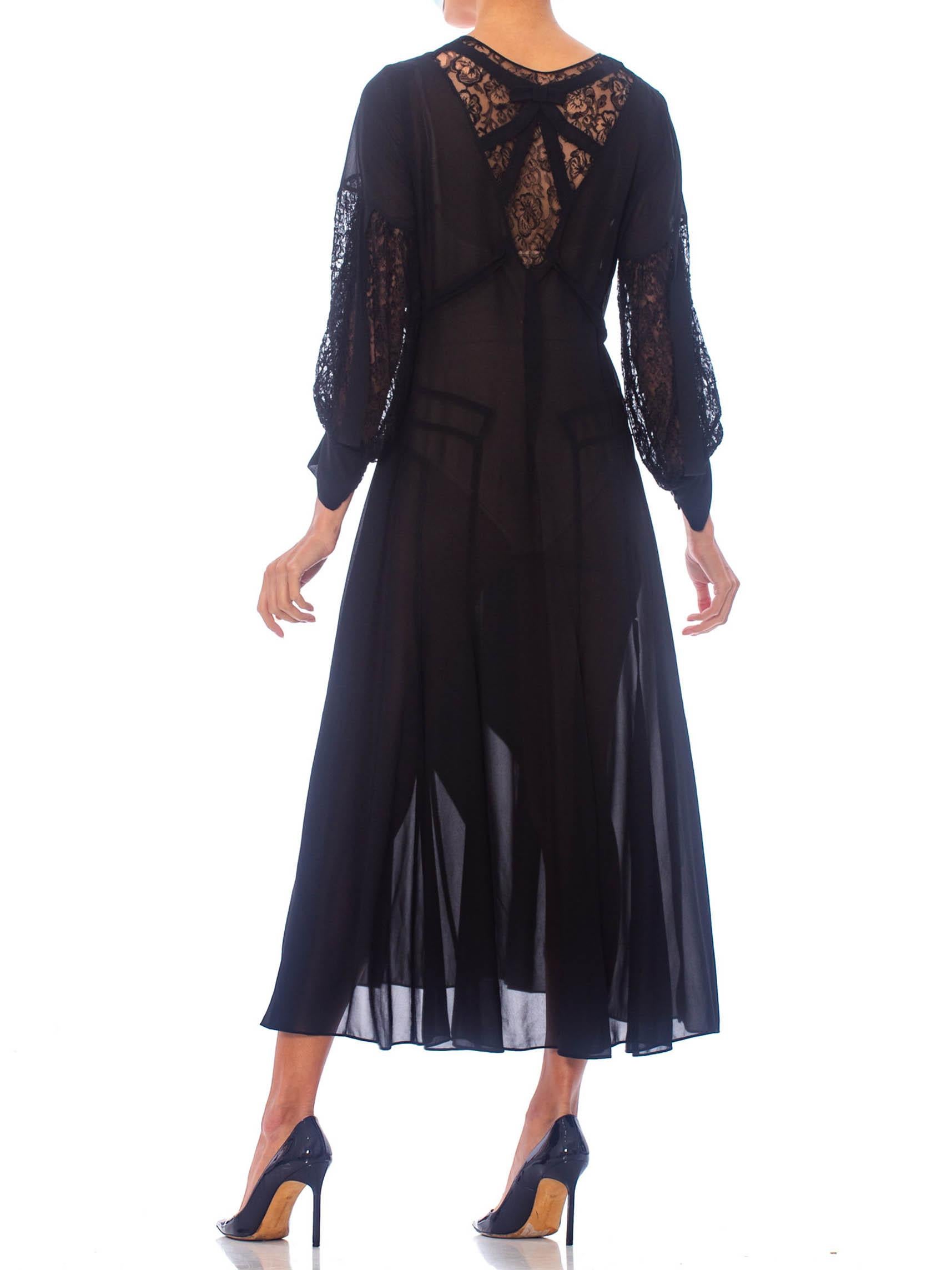 1930S Black Silk Chiffon Tie Waist Dress With Lace Inset Sleeves For Sale 7