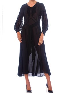 1930S Black Silk Chiffon Tie Waist Dress With Lace Inset Sleeves