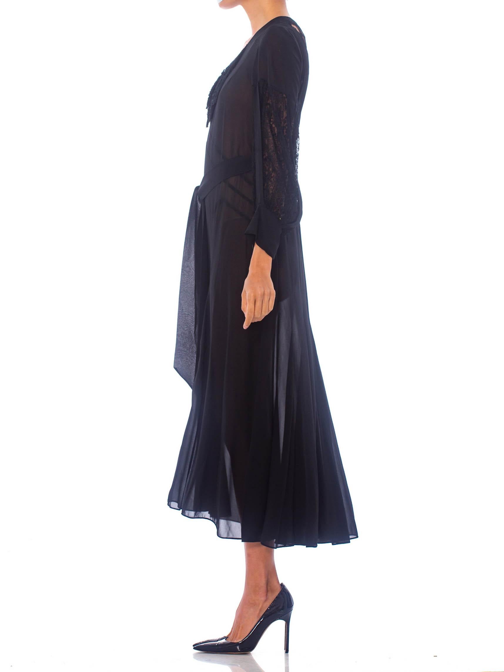 Women's 1930S Black Silk Chiffon Tie Waist Dress With Lace Inset Sleeves For Sale