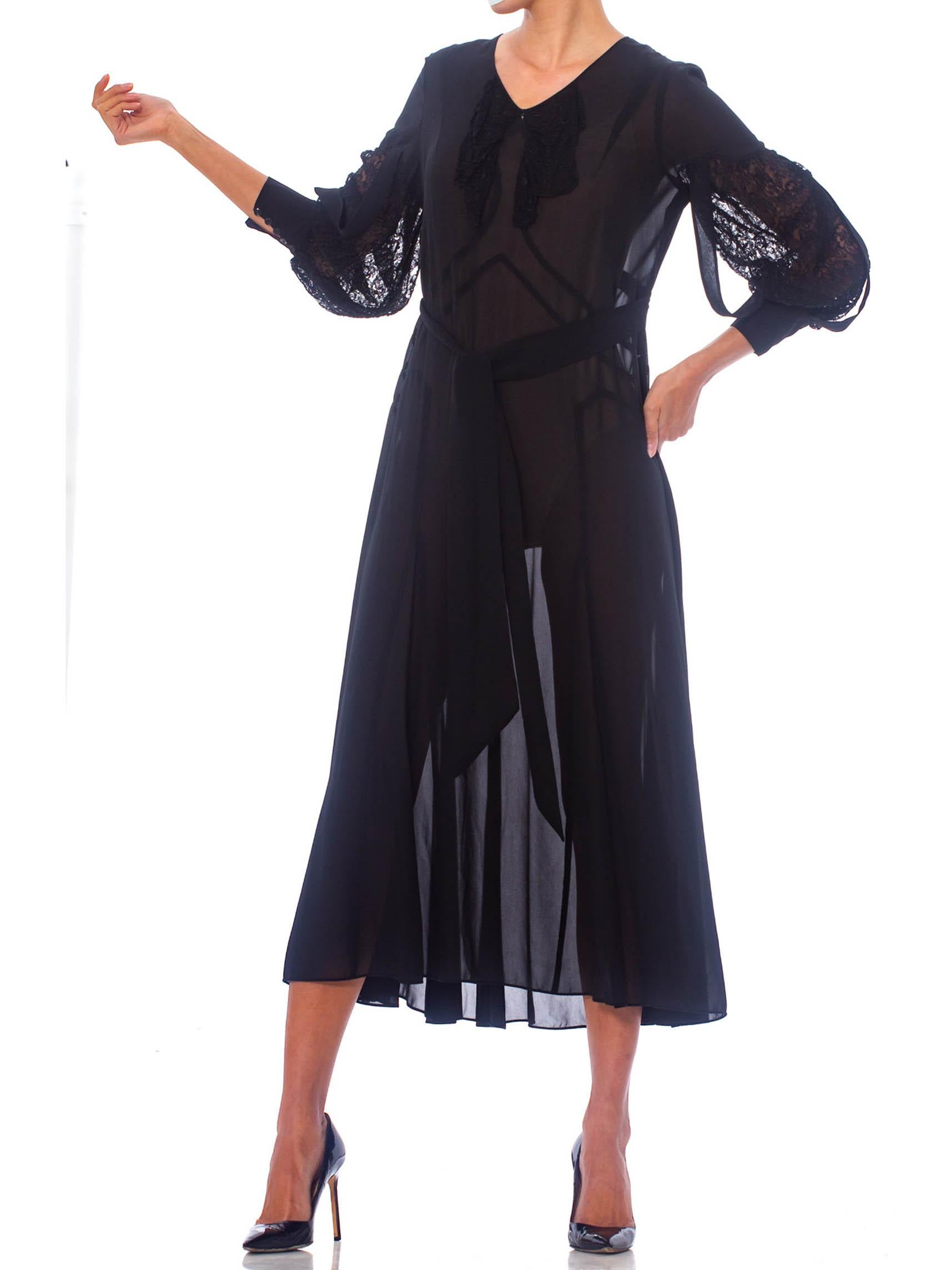 1930S Black Silk Chiffon Tie Waist Dress With Lace Inset Sleeves For Sale 2
