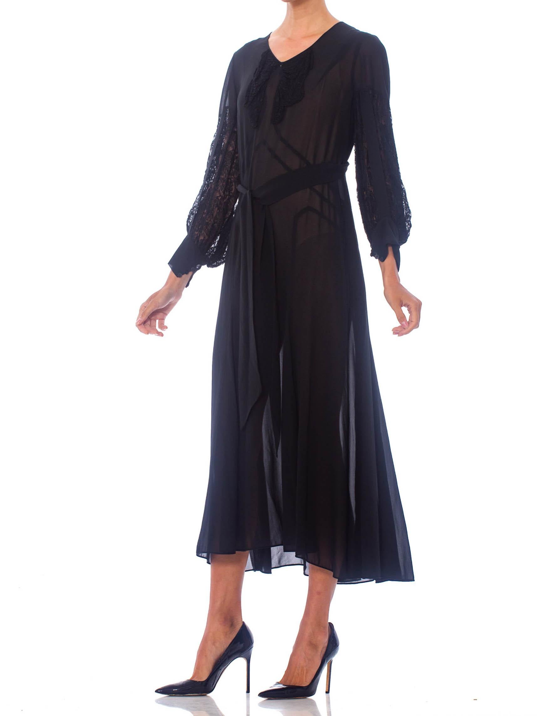 1930S Black Silk Chiffon Tie Waist Dress With Lace Inset Sleeves For Sale 3