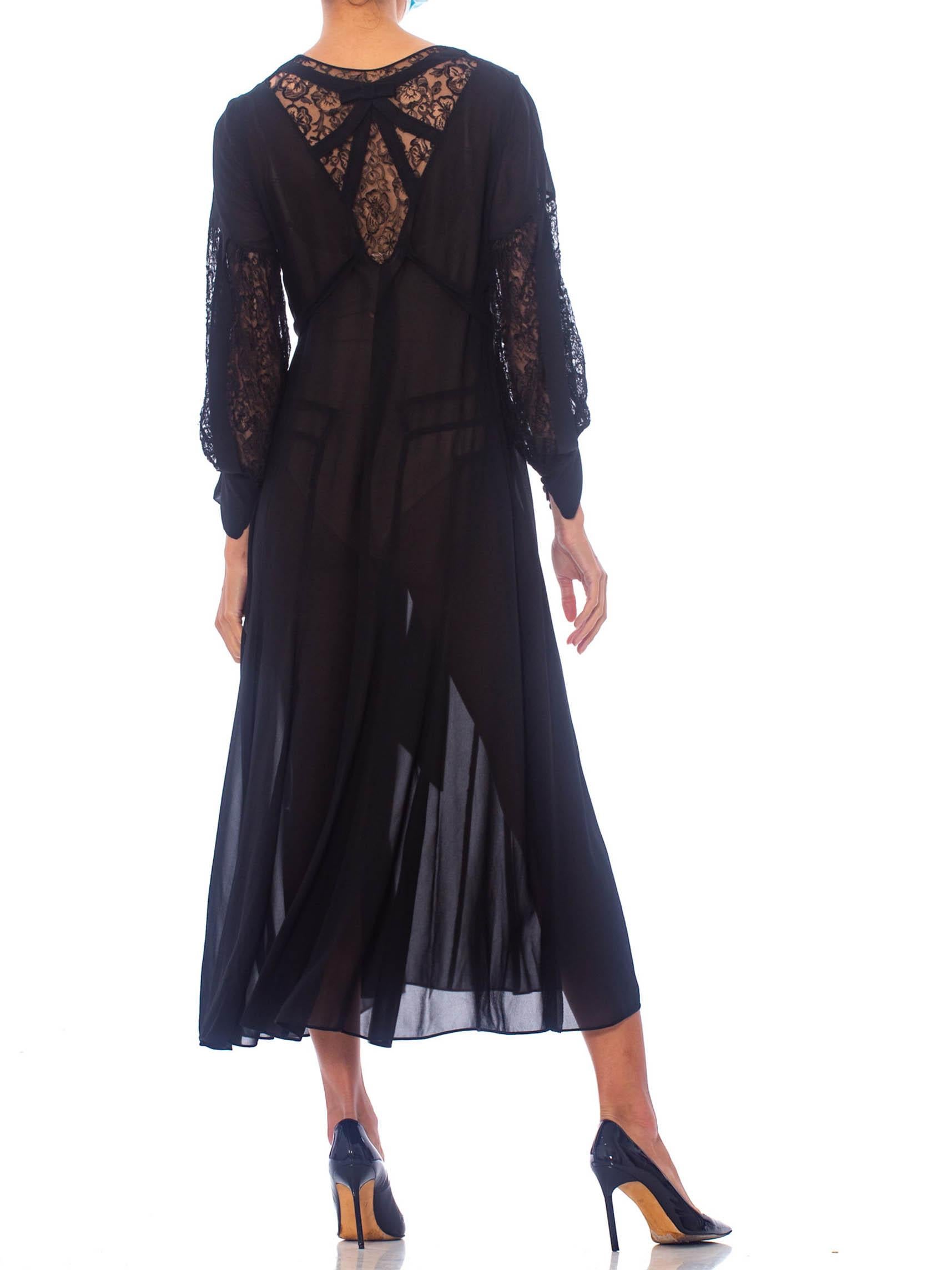 1930S Black Silk Chiffon Tie Waist Dress With Lace Inset Sleeves For Sale 6
