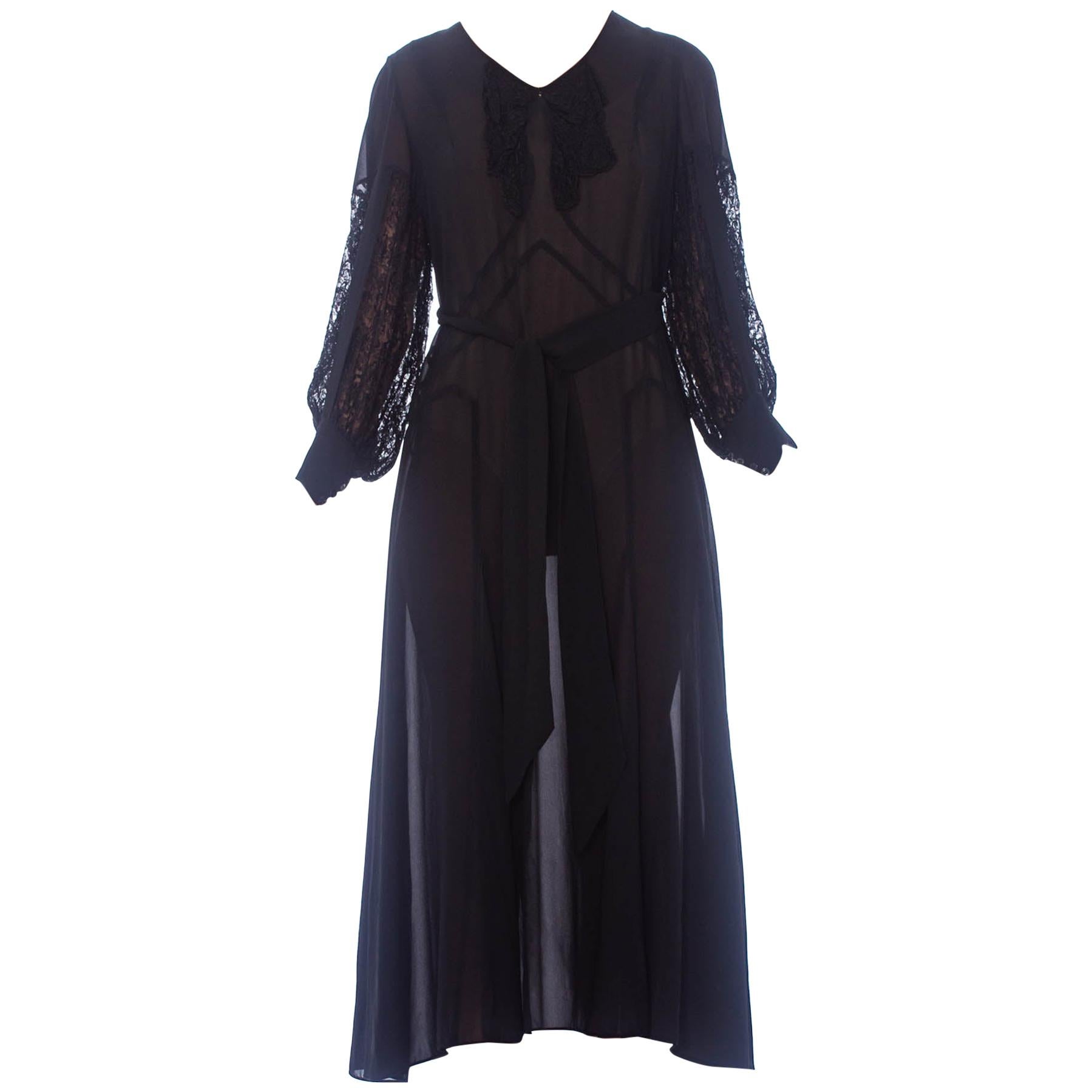 1930S Black Silk Chiffon Tie Waist Dress With Lace Inset Sleeves For Sale