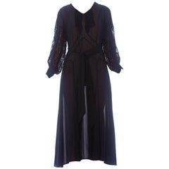 Vintage 1930S Black Silk Chiffon Tie Waist Dress With Lace Inset Sleeves