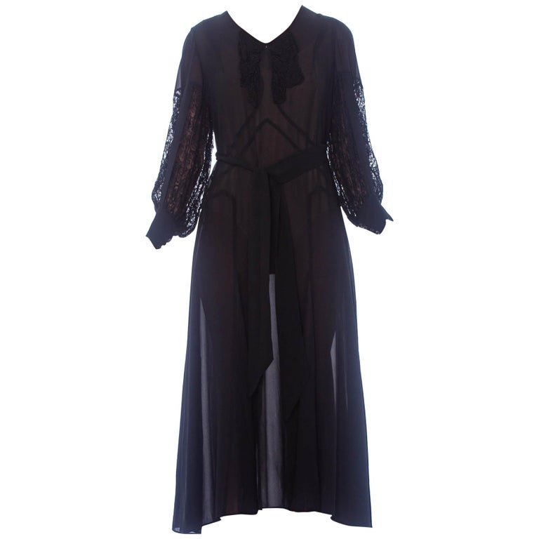 1930s Black Silk Chiffon Tie Waist Dress with Lace Inset Sleeves