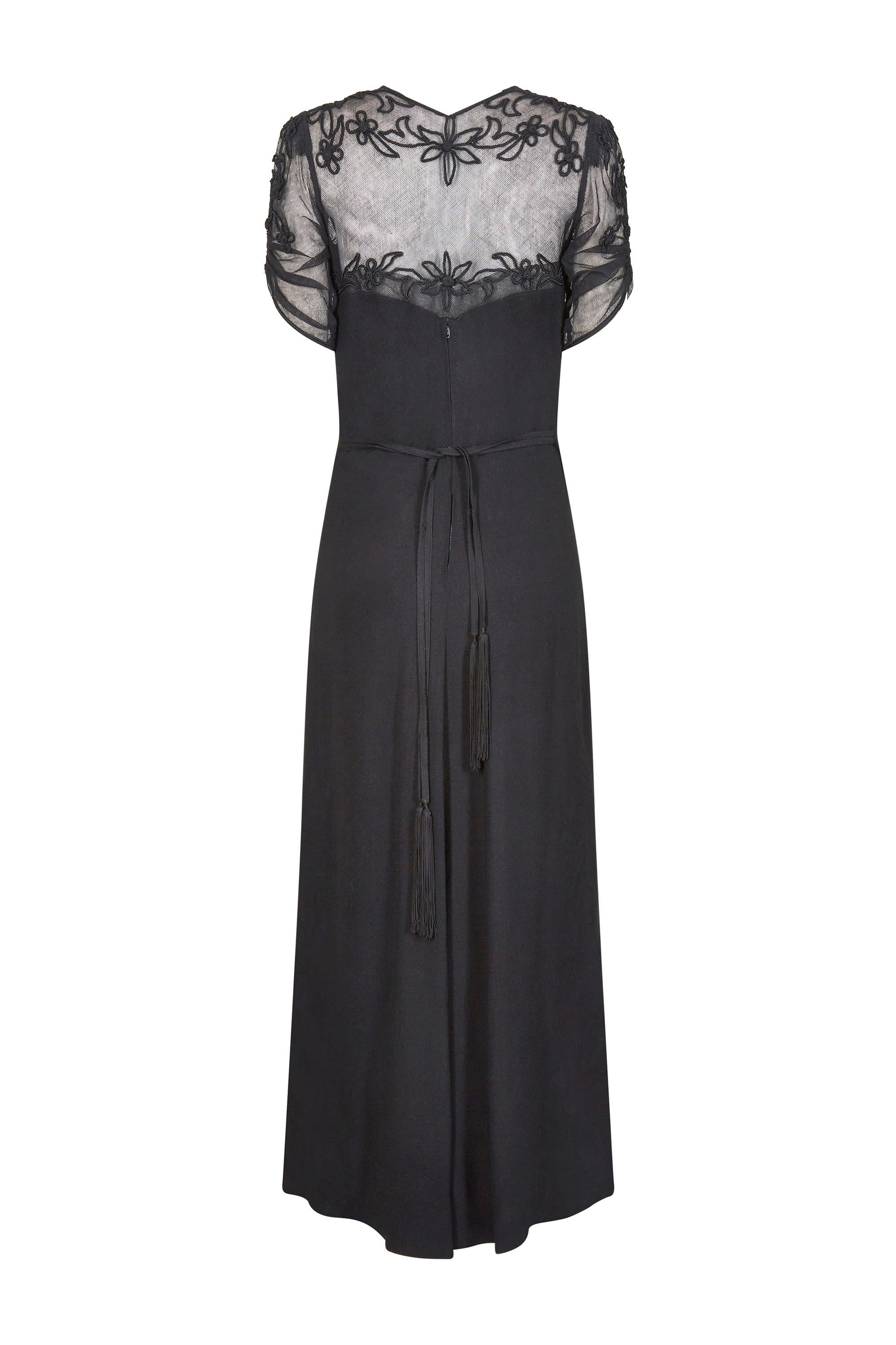 1930s Black Silk Crepe and Net Evening Dress With Floral Appliqué ...