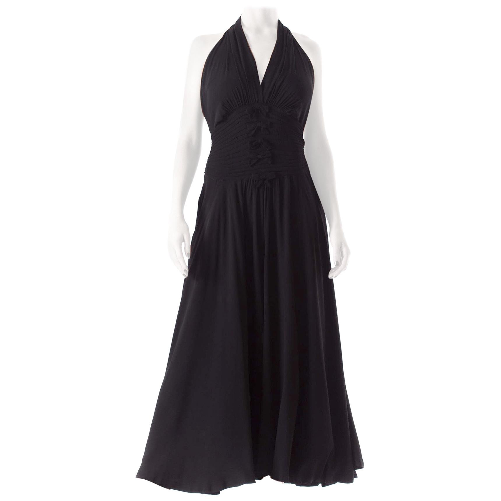 Avant Garde 1930s Black Moss Crepe Draped Halter Back Dress w Sequin Detailing