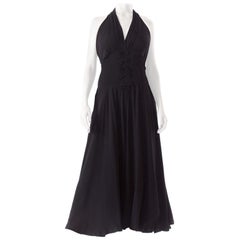 1930S Black Silk Crepe Back Satin Backless Halter Gown With Pintuck & Bow Detail