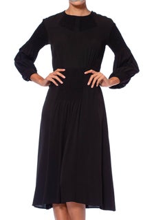 1930S Black Silk Crepe De Chine Hand Smocked Long Sleeve Boho Dress