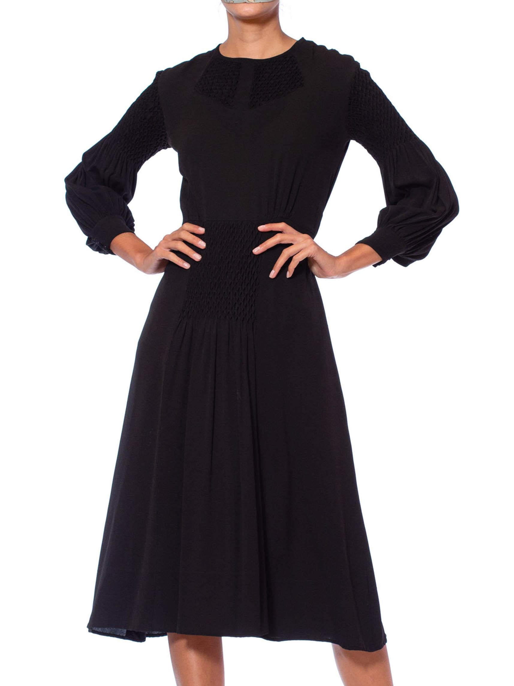 1930S Black Silk Crepe De Chine Hand Smocked Long Sleeve Boho Dress In Excellent Condition For Sale In New York, NY