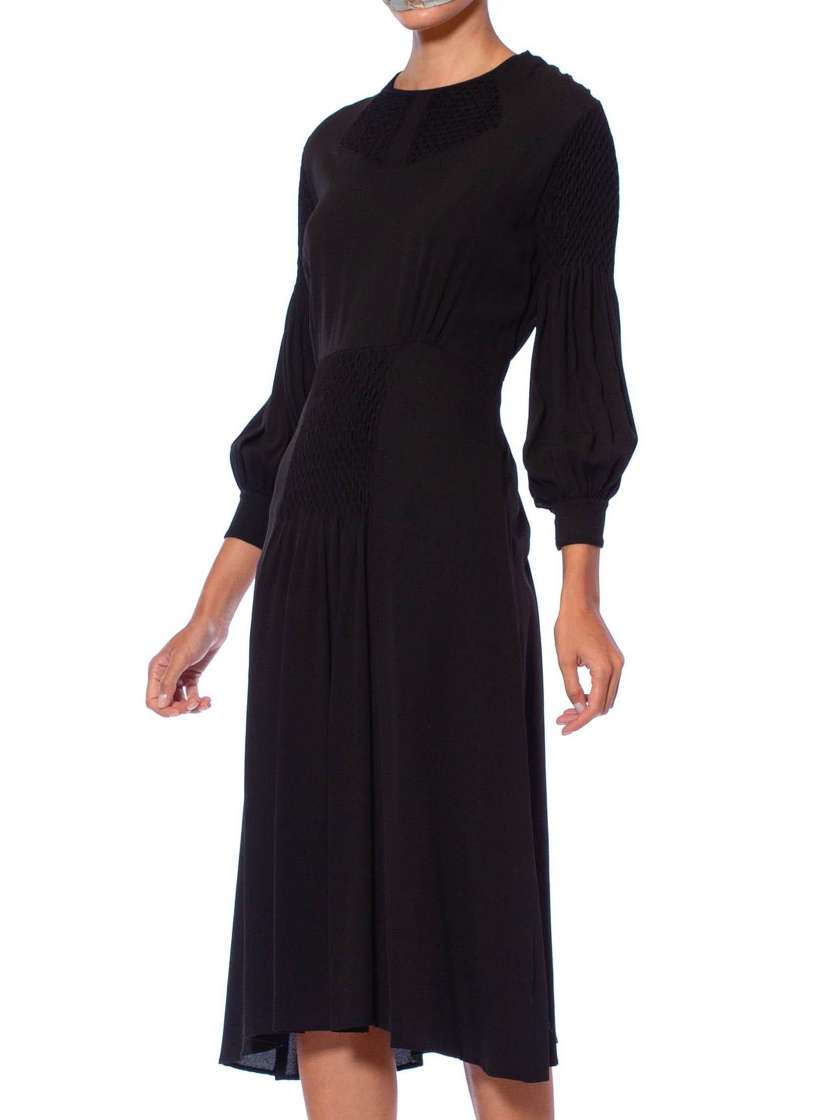 Women's 1930S Black Silk Crepe De Chine Hand Smocked Long Sleeve Boho Dress For Sale