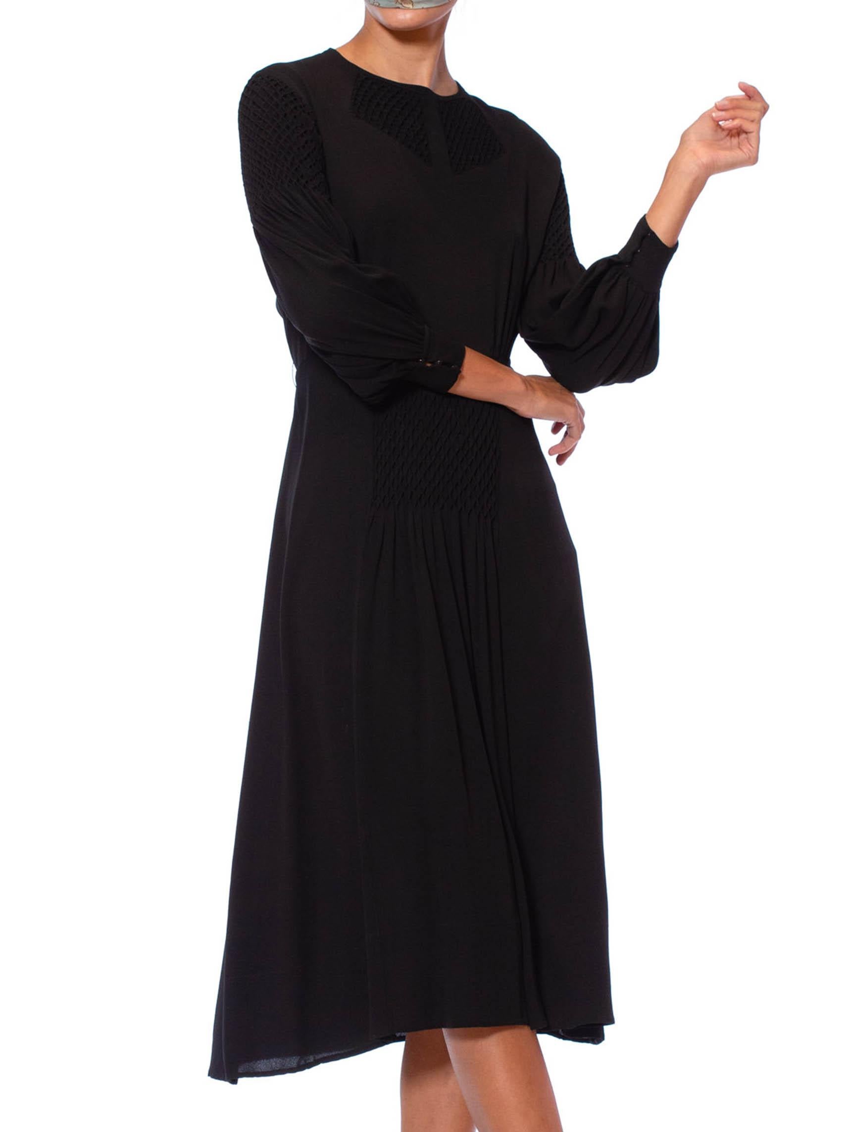 1930S Black Silk Crepe De Chine Hand Smocked Long Sleeve Boho Dress For Sale 1