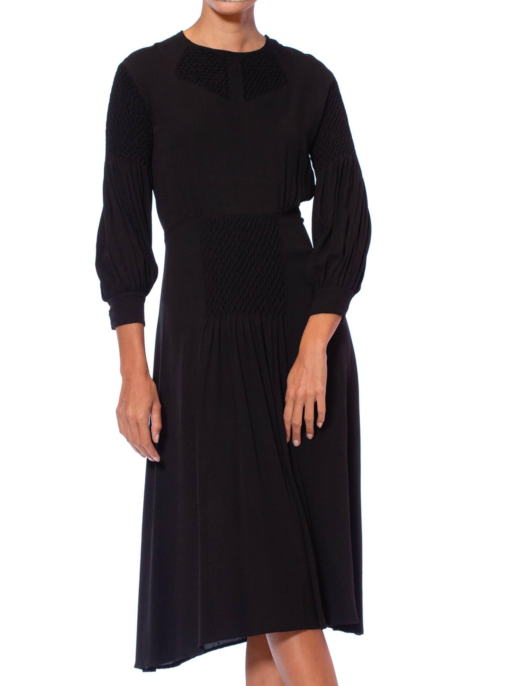 1930S Black Silk Crepe De Chine Hand Smocked Long Sleeve Boho Dress For Sale 2